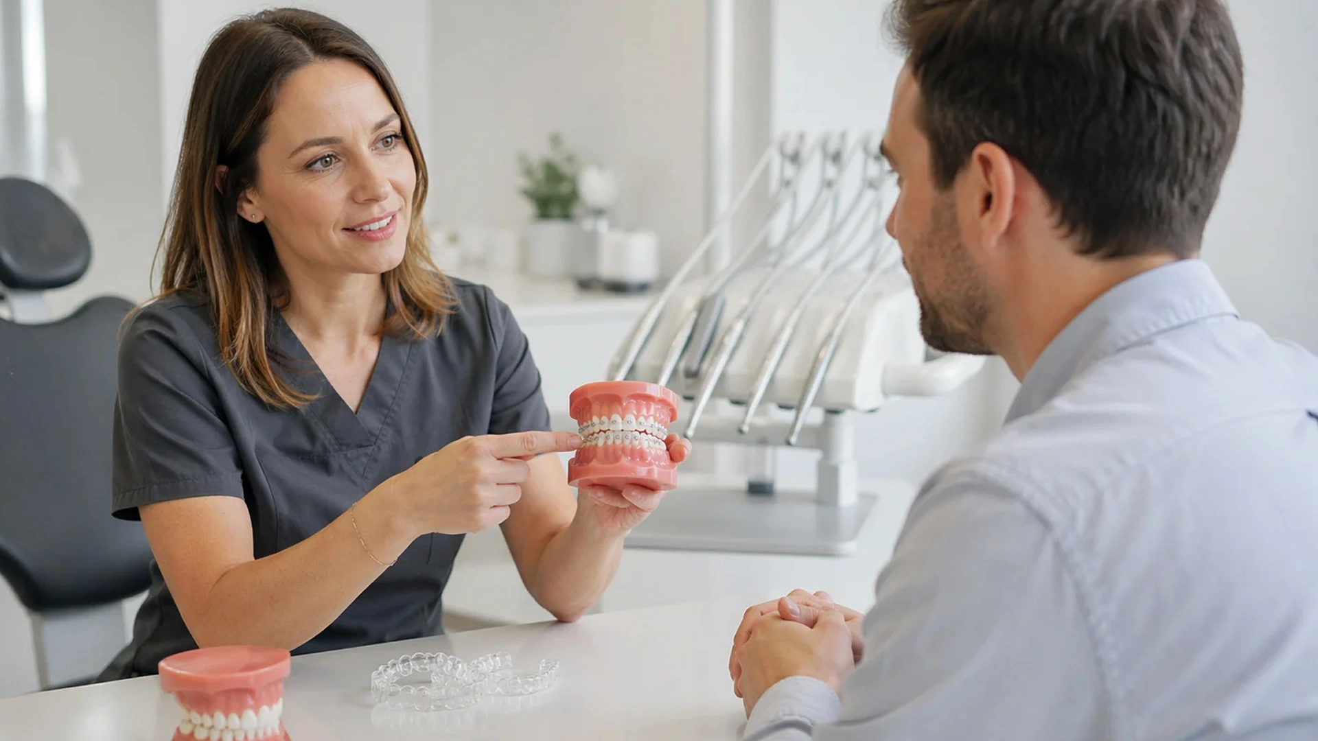 Dentista explicant diferències entre bràquets i alineadors durant una valoració d’ortodòncia