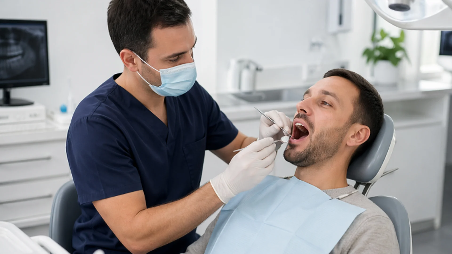 Dentista revisant la boca d'un pacient durant una visita de control per decidir la revisió dental cada quant convé venir.
