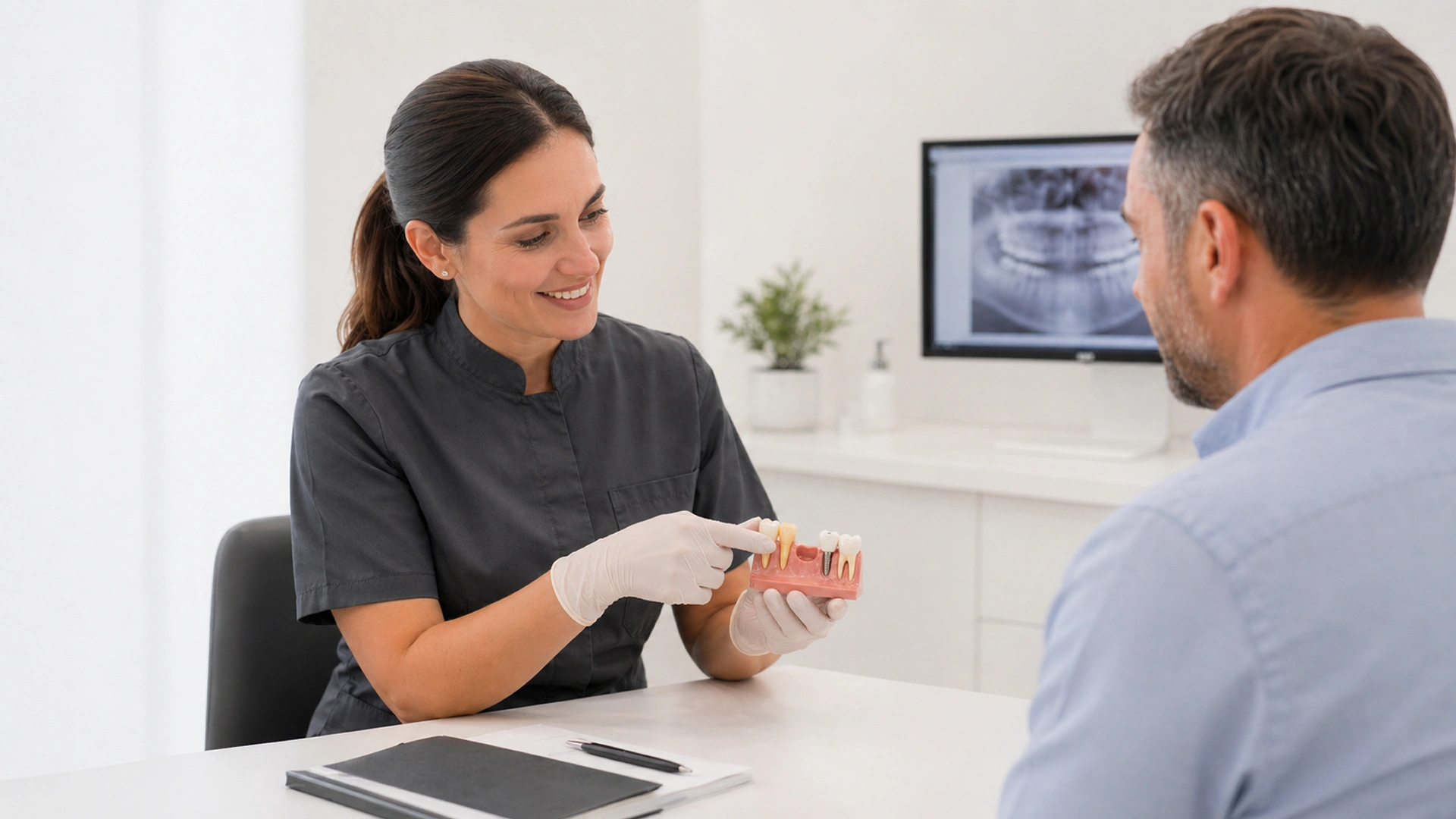 Comparació d’opcions per substituir un queixal perdut amb model dental en consulta