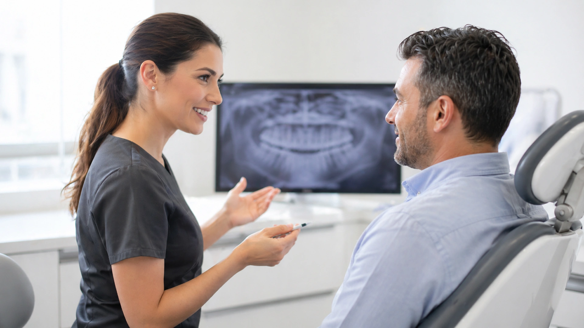 Dentista explicant opcions quan em falta un queixal pròtesi o implant amb model dental a consulta