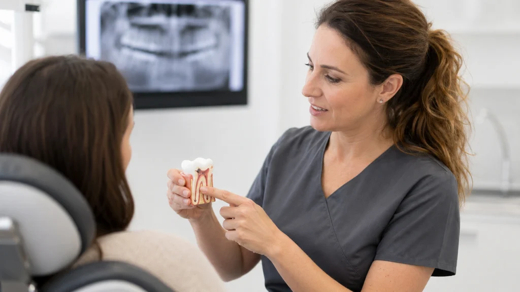 Dentista explicant quan triar empastament o endodòncia amb un model dental a consulta