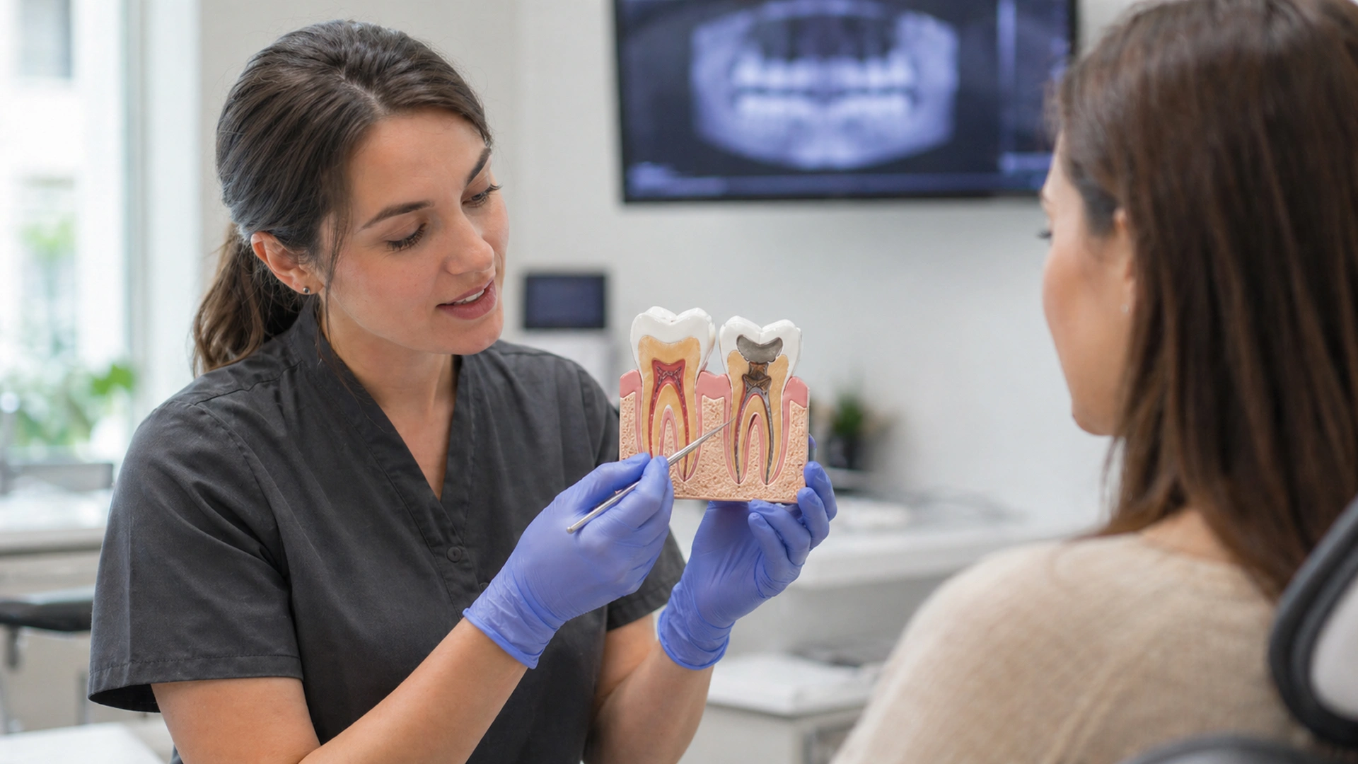 Explicació visual de la diferència entre empastament o endodòncia amb un model dental a consulta