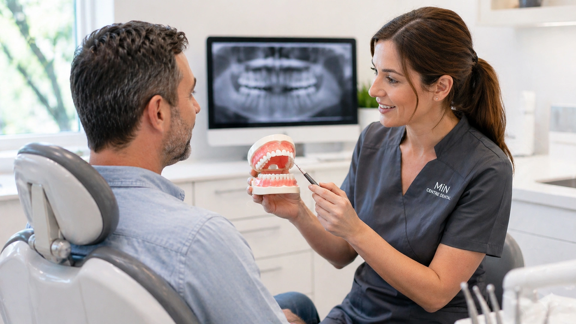 Dentista revisant genives sagnants amb un pacient adult en una consulta dental lluminosa