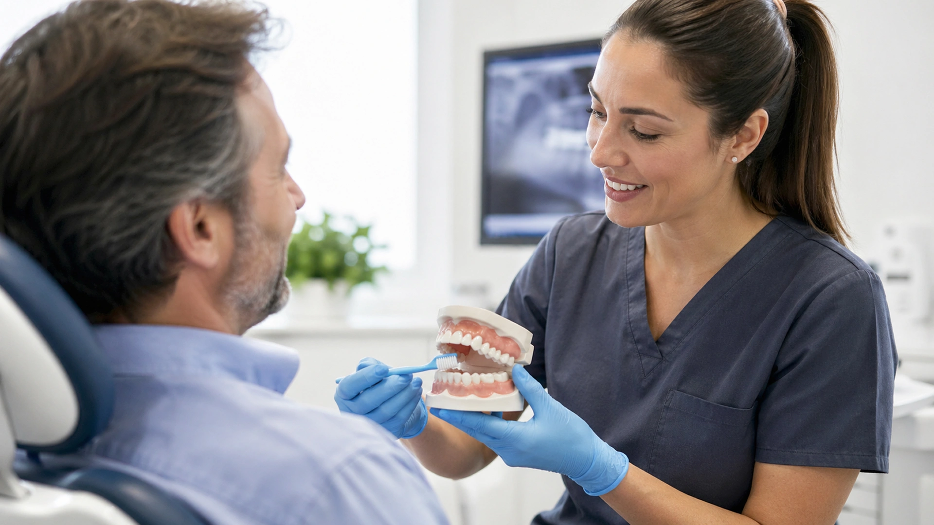 Dentista explicant com revisar genives sagnants amb un model dental en una consulta lluminosa.