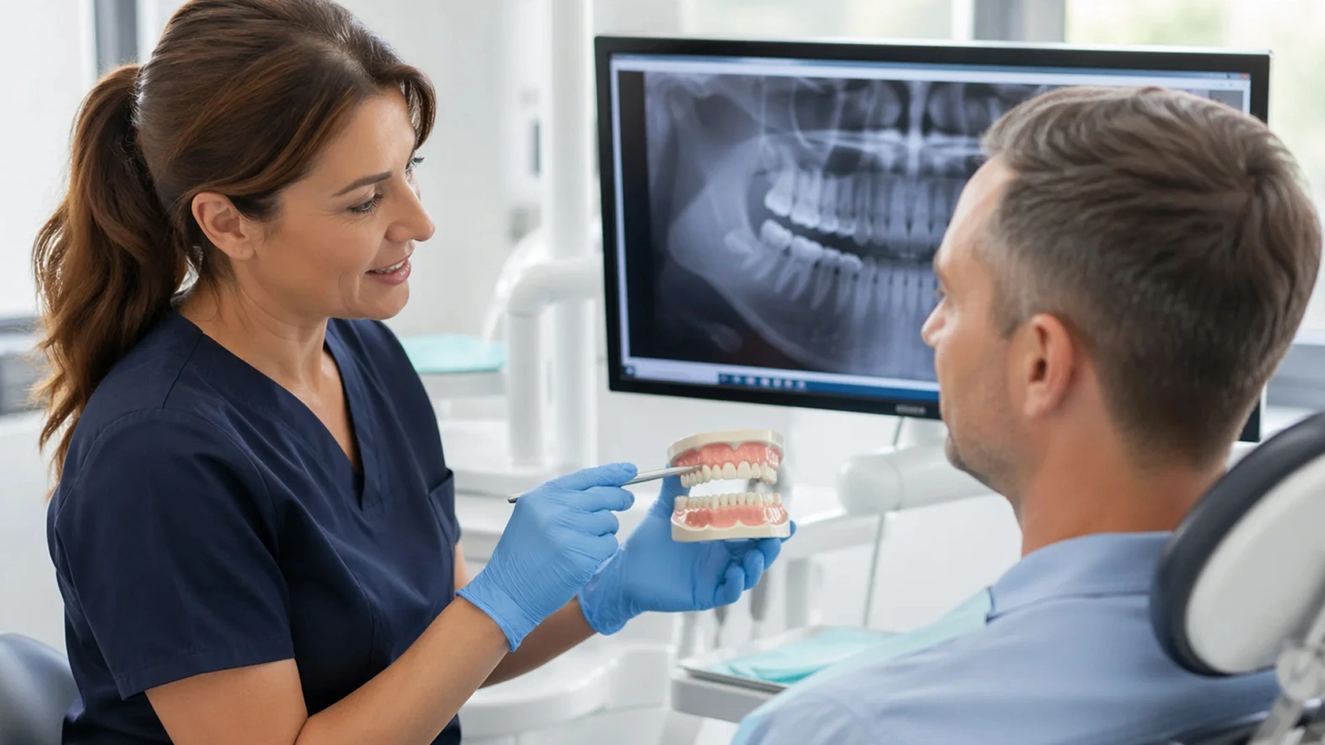 Planificació clínica de rehabilitació oral amb model dental i explicació personalitzada al pacient.