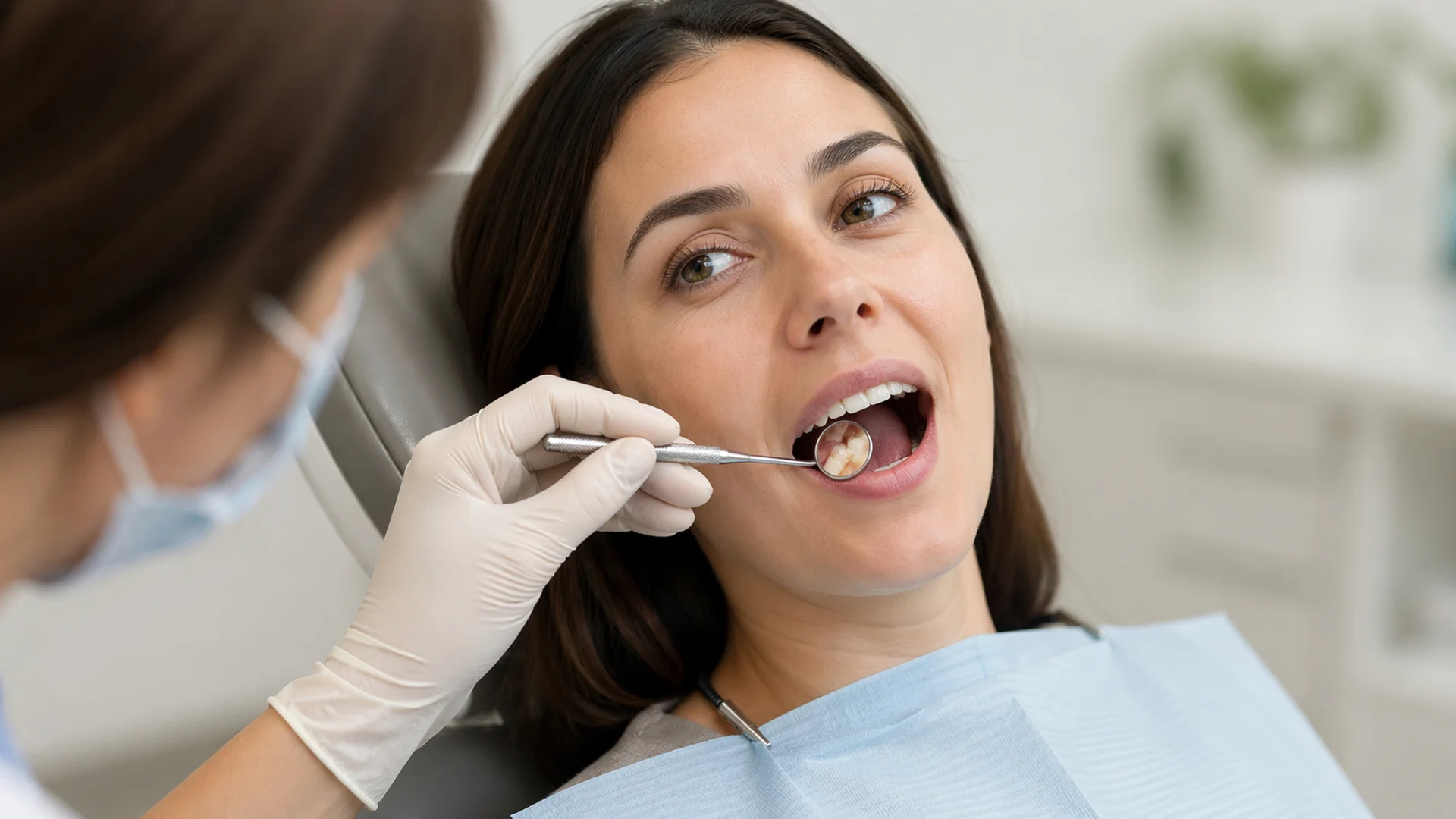 Revisión clínica de una zona con sensibilidad dental al frío cerca de la encía en una paciente adulta