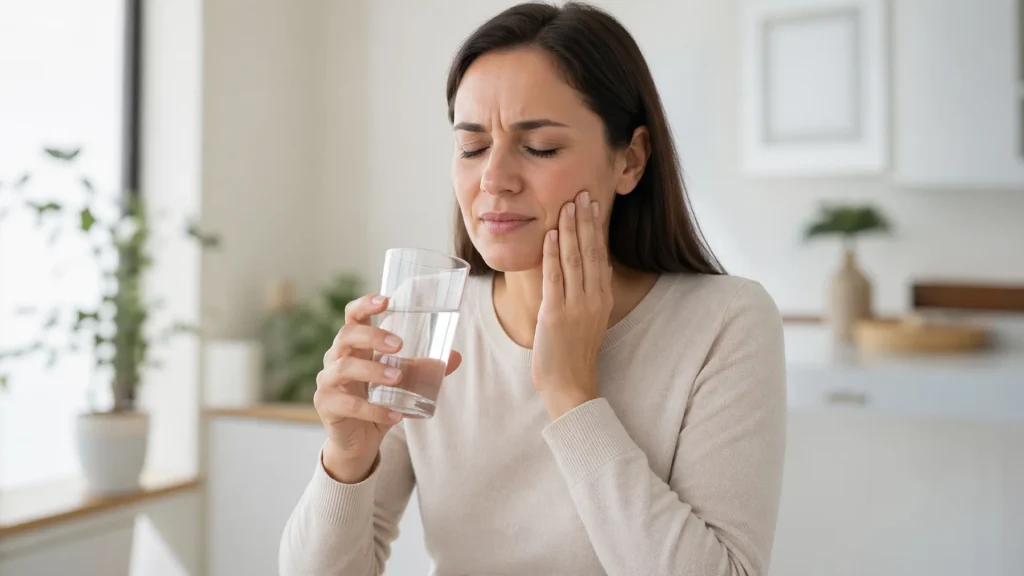 Persona amb sensibilitat dental al fred mentre beu aigua freda, en una escena neta i clínica d’atenció dental propera