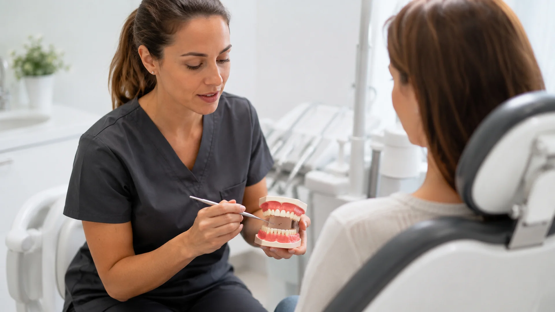 Revisió de senyals de bruxisme en dormir amb model dental i explicació sobre desgast mandibular.