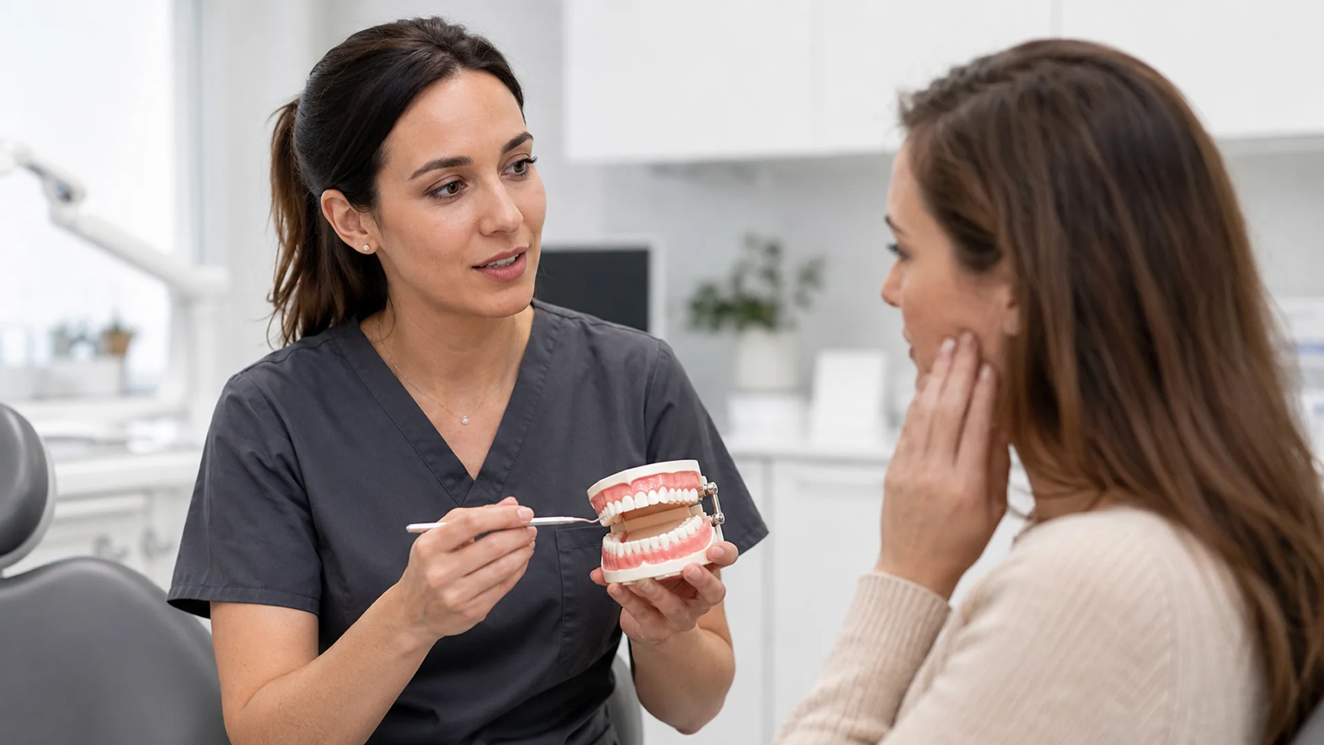 Bruxisme en dormir amb pacient que es desperta amb tensió mandibular i dentista revisant desgast dental