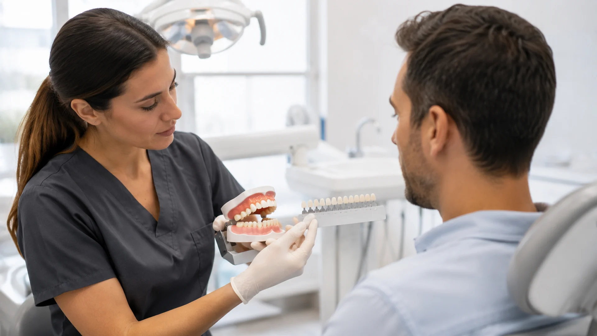 Dentista explicant carilles dentals i opcions de color amb un model dental en consulta.
