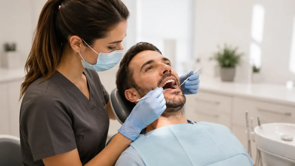 Tosca a les dents observada durant una revisió dental professional en una consulta lluminosa i propera