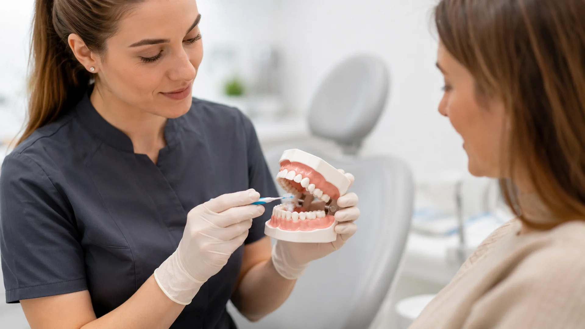 Explicació d’higiene interdental per prevenir la tosca a les dents durant una visita professional
