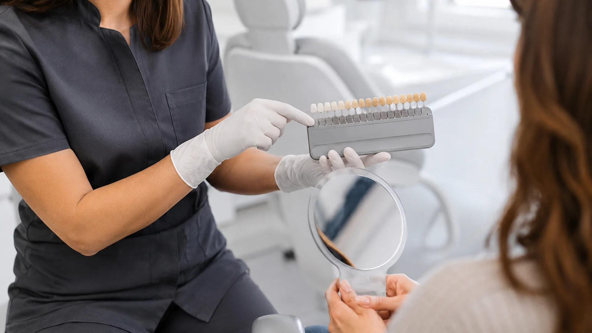 Valoració del color dental abans d’un blanquejament dental abans de l’estiu en consulta professional.